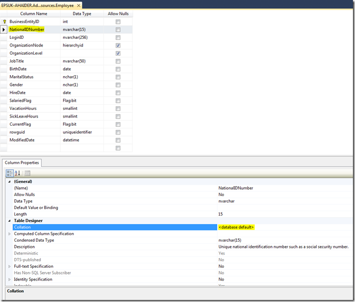 Getting Column Collation SQL Management Studio