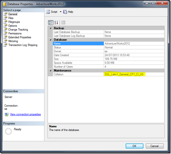 Getting Database Collation SQL Management Studio