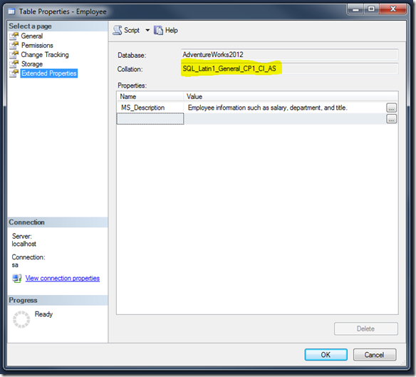 Getting Table Collation SQL Management Studio